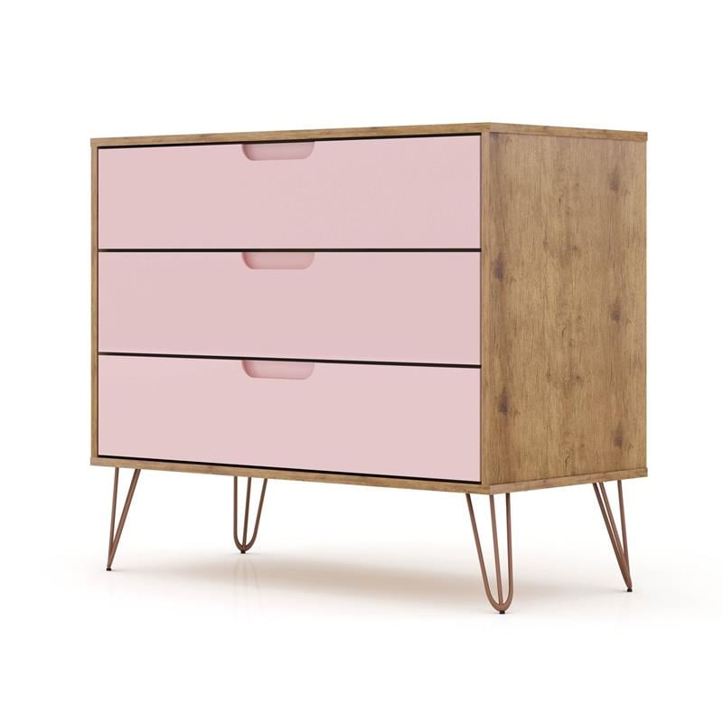 Manhattan Comfort Rockefeller 3-Drawer Wood Dresser in Rose Pink