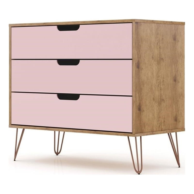 Manhattan Comfort Rockefeller 3-Drawer Wood Dresser in Rose Pink
