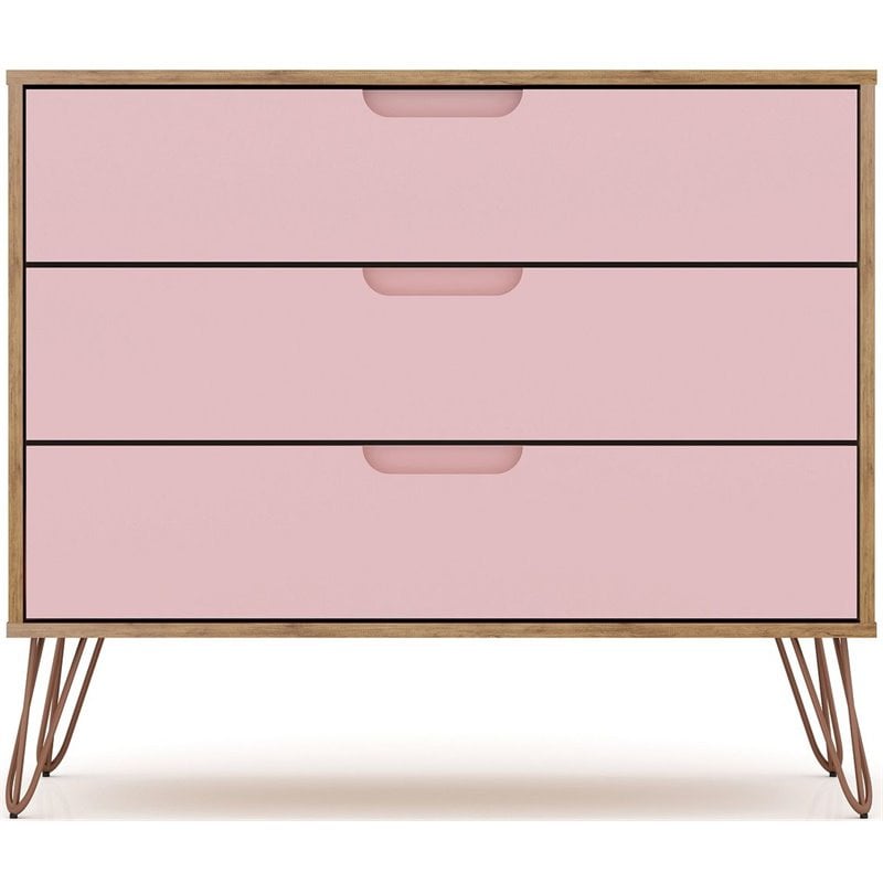 Manhattan Comfort Rockefeller 3-Drawer Wood Dresser in Rose Pink