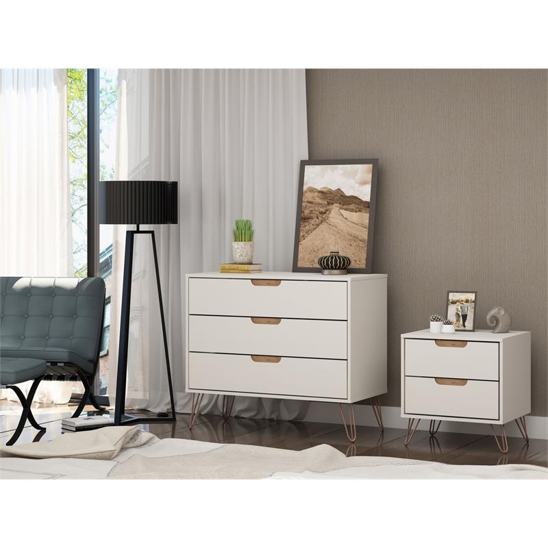Manhattan Comfort Rockefeller Wood Dresser and Nightstand in Off White/Natural