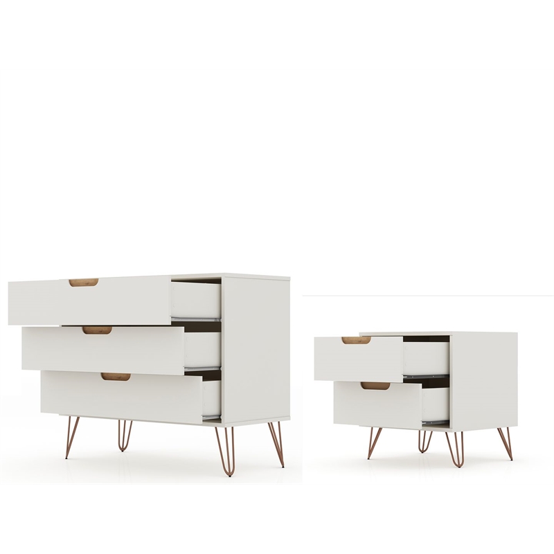 Manhattan Comfort Rockefeller Wood Dresser and Nightstand in Off White/Natural