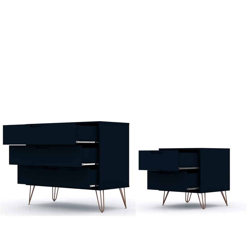 Manhattan Comfort Rockefeller Wood Dresser and Nightstand in Midnight Blue