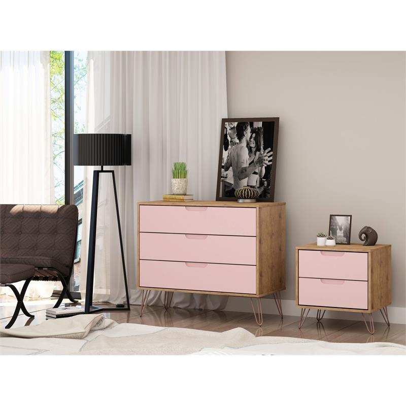 Manhattan Comfort Rockefeller Wood Dresser and Nightstand in Natural/Pink