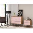 Manhattan Comfort Rockefeller Wood Dresser and Nightstand in Natural/Pink