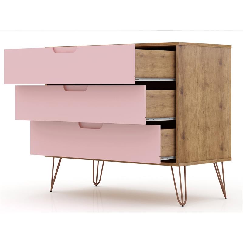 Manhattan Comfort Rockefeller Wood Dresser and Nightstand in Natural/Pink