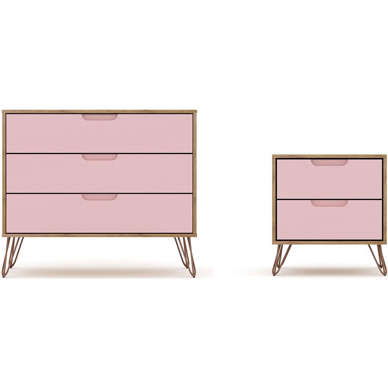 Manhattan Comfort Rockefeller Wood Dresser and Nightstand in Natural/Pink