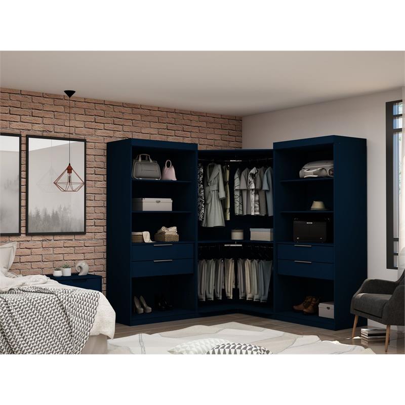Manhattan Comfort Mulberry 3-Pc Wood Open Sectional Corner Closet Set in Blue