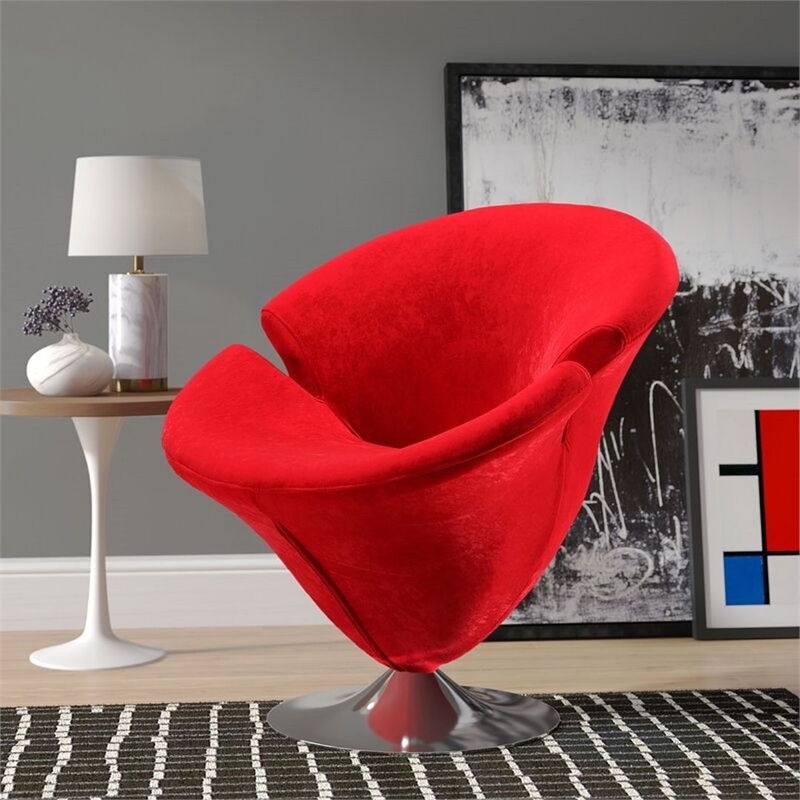 Manhattan Comfort Tulip Velvet Swivel Accent Chair in Red/Chrome