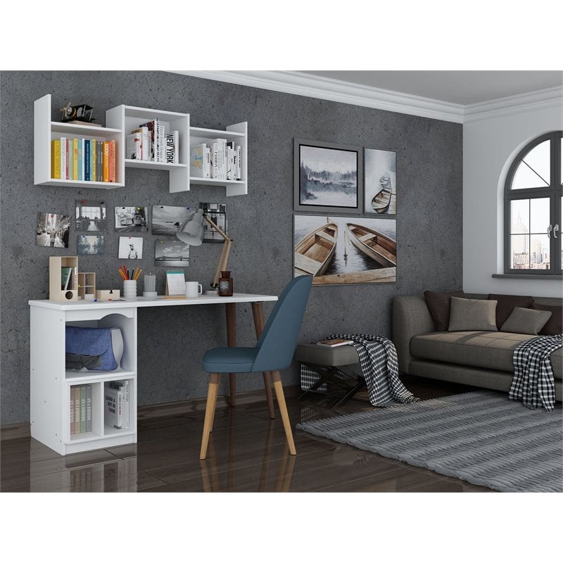 Manhattan Comfort Hampton Wood Home Office Desk with 3 Cubby Spaces in White