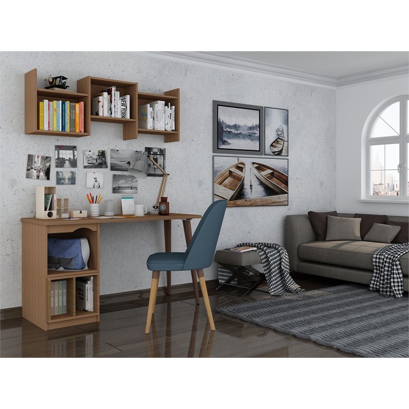 Manhattan Comfort Hampton Wood Home Office Desk with 3 Cubby Spaces in Maple