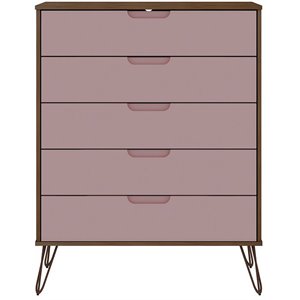 rockefeller wood tall 5-drawer dresser in nature & rose pink