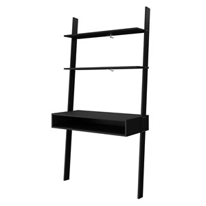 cooper wood ladder desk with 2 floating shelves in black