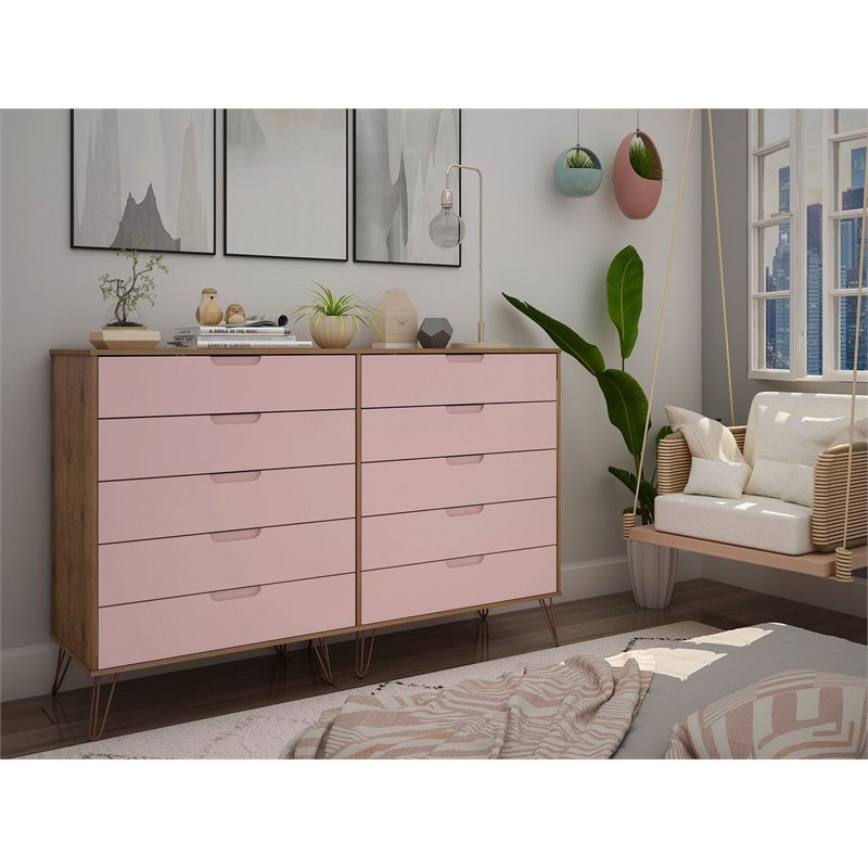 Manhattan Comfort Rockefeller 10-Drawer Wood Dresser in Pink/Natural