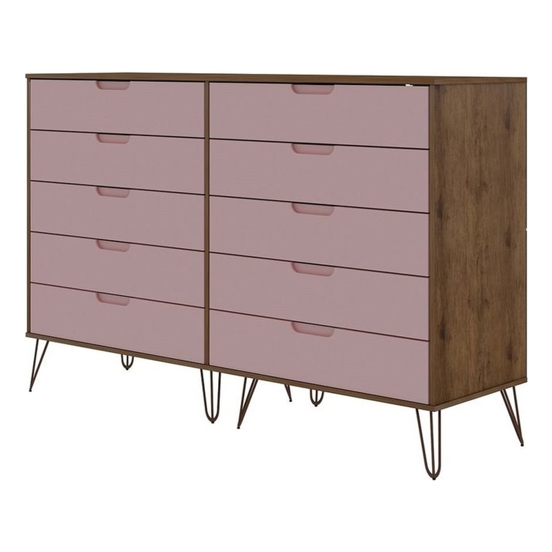 Manhattan Comfort Rockefeller 10-Drawer Wood Dresser in Pink/Natural