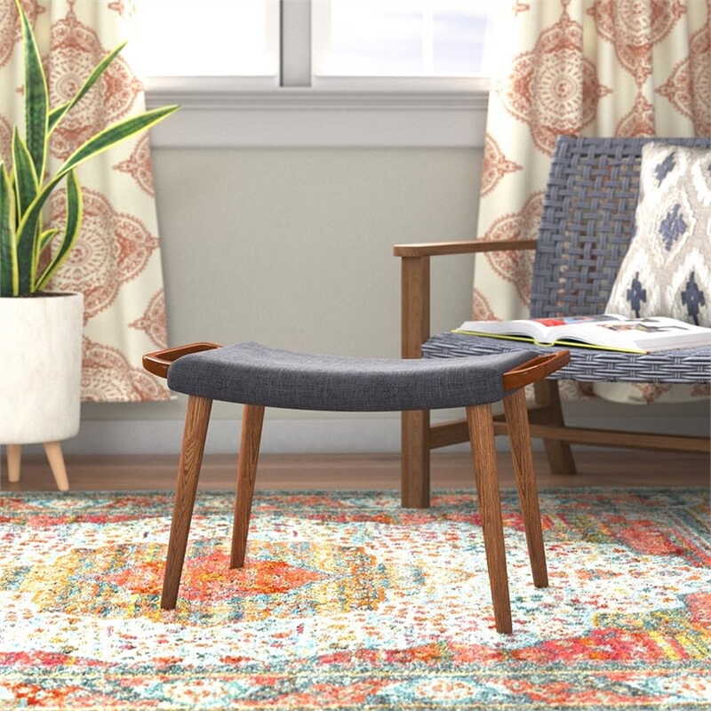 Manhattan Comfort Geta Linen Fabric/Wood Ottoman in Charcoal/Antique Walnut