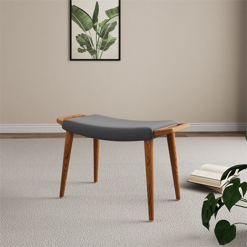 Manhattan Comfort Geta Linen Fabric/Wood Ottoman in Charcoal/Antique Walnut