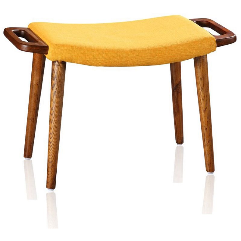 Manhattan Comfort Geta Linen Fabric/Wood Ottoman in Yellow/Antique Walnut