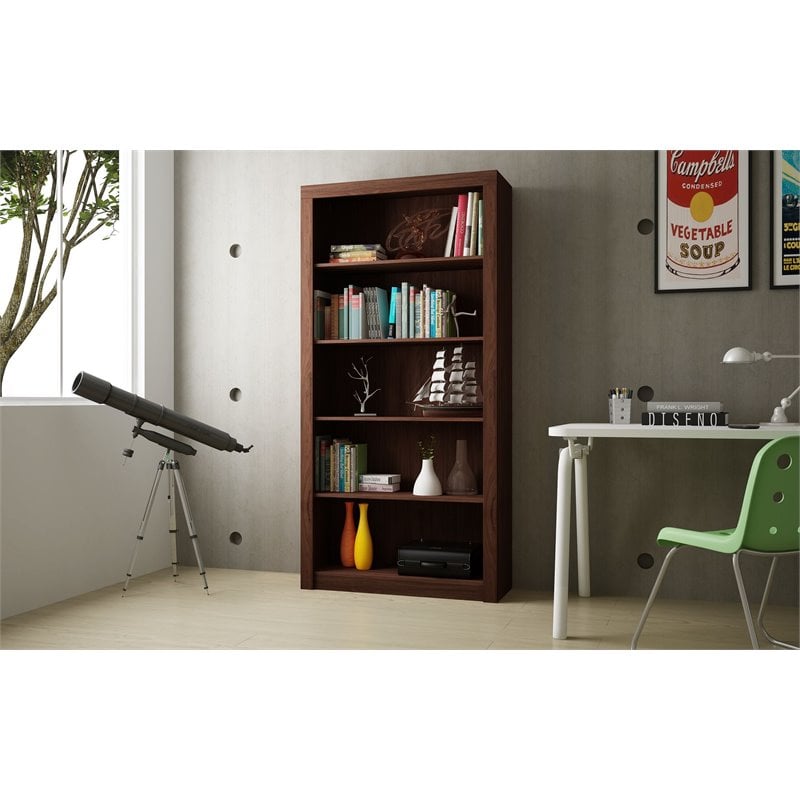 Manhattan Comfort Olinda 5 Shelves Wood Bookcase in Nut Brown