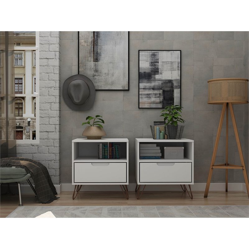 Manhattan Comfort Rockefeller 1-Drawer Wood Nightstand in White (Set of 2)