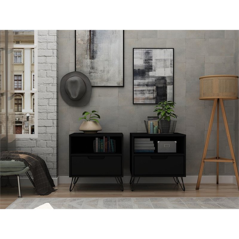 Manhattan Comfort Rockefeller 1-Drawer Wood Nightstand in Black (Set of 2)