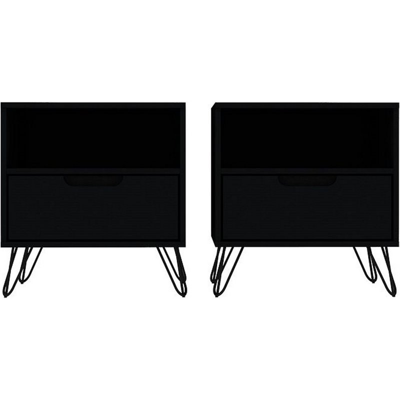 Manhattan Comfort Rockefeller 1-Drawer Wood Nightstand in Black (Set of 2)