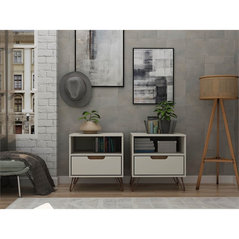Manhattan Comfort Rockefeller 1-Drawer Wood Nightstand in Off White (Set of 2)