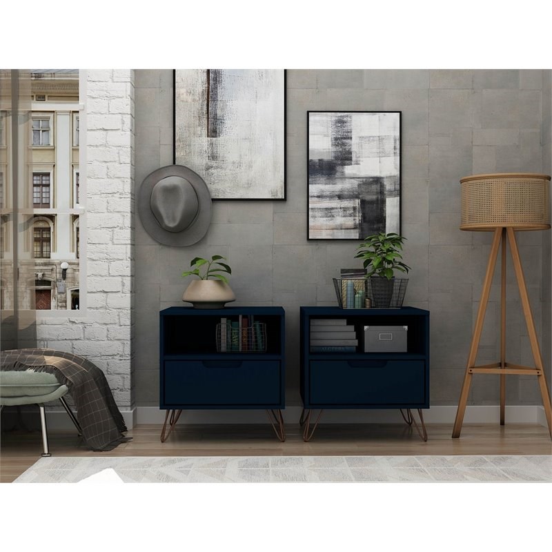 Manhattan Comfort Rockefeller 1-Drawer Wood Nightstand in Blue (Set of 2)