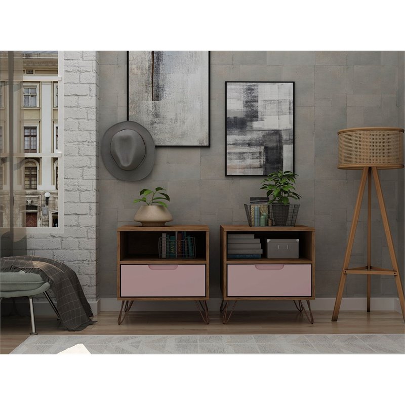 Manhattan Comfort Rockefeller 1-Drawer Wood Nightstand in Pink (Set of 2)