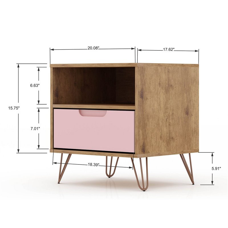 Manhattan Comfort Rockefeller 1-Drawer Wood Nightstand in Pink (Set of 2)