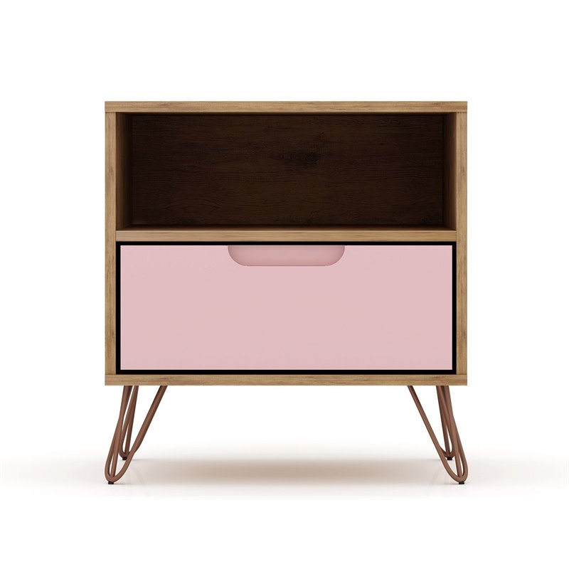 Manhattan Comfort Rockefeller 1-Drawer Wood Nightstand in Pink (Set of 2)