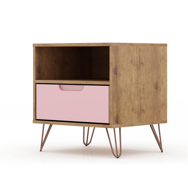 Manhattan Comfort Rockefeller 1-Drawer Wood Nightstand in Pink (Set of 2)