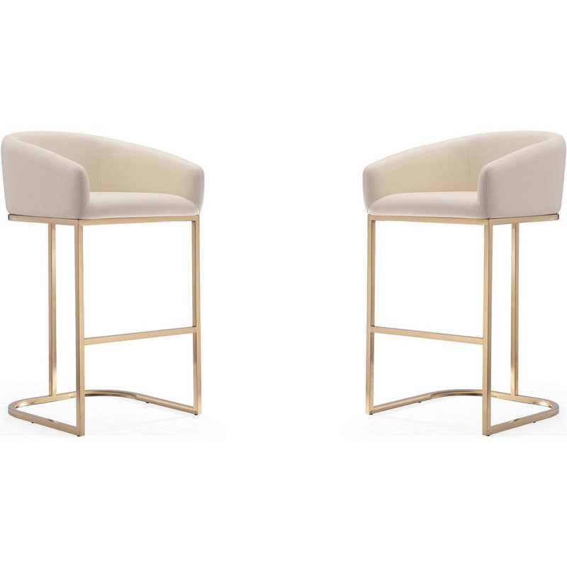 Maklaine Faux Leather Bar Stool Chair Set of 2 in Cream - Semi-circle Seat