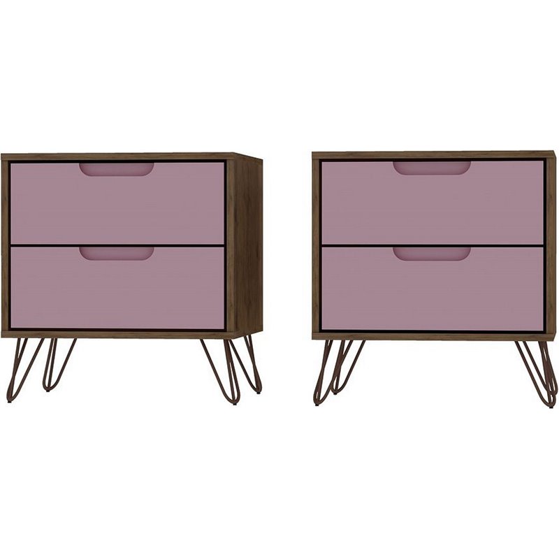 Manhattan Comfort Rockefeller 2-Drawer Wood Nightstand in Pink (Set of 2)