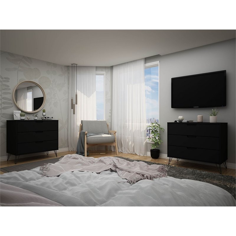 Manhattan Comfort Rockefeller 3-Drawer Wood Dresser in Black (Set of 2)