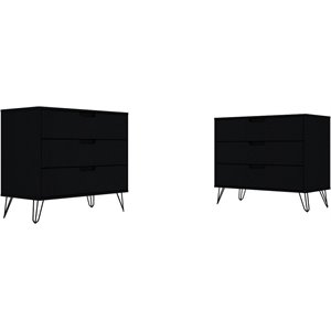 Manhattan Comfort Rockefeller 3-Drawer Wood Dresser in Black (Set of 2)
