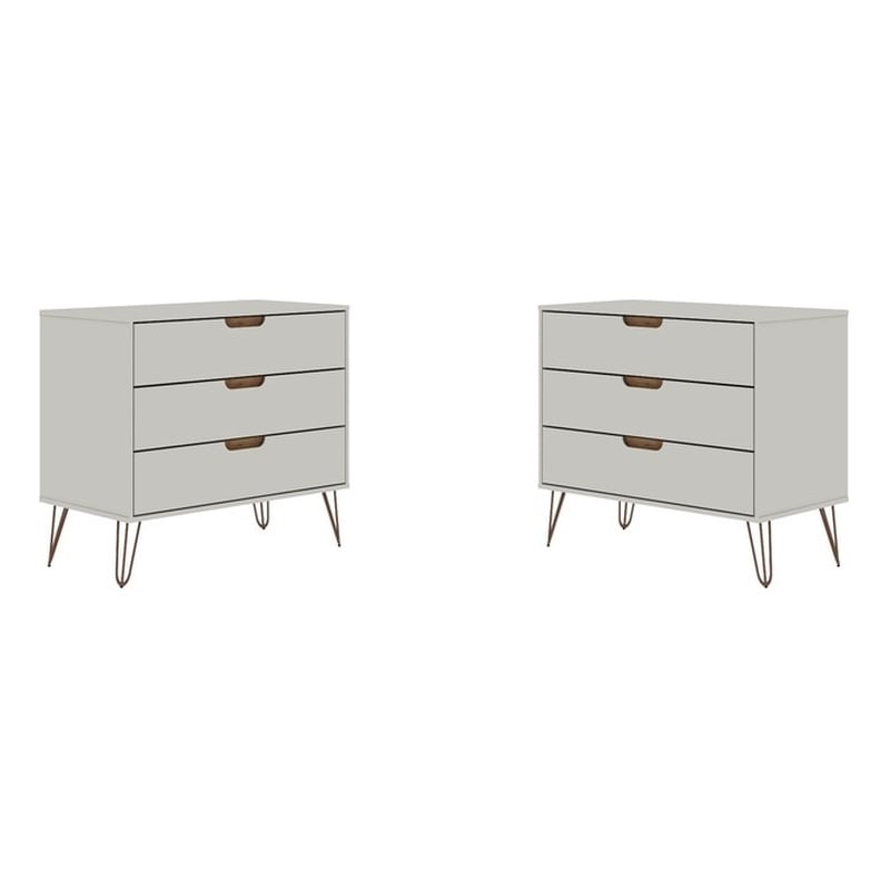 Manhattan Comfort Rockefeller 3-Drawer Wood Dresser Off White/Nature (Set of 2)