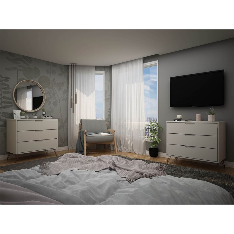 Manhattan Comfort Rockefeller 3-Drawer Wood Dresser in Off White (Set of 2)
