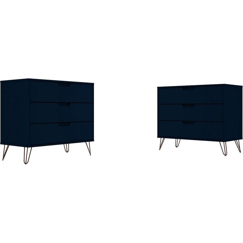 Manhattan Comfort Rockefeller 3-Drawer Wood Dresser in Blue (Set of 2)