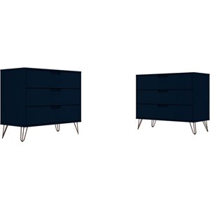 Manhattan Comfort Rockefeller 3-Drawer Wood Dresser in Blue (Set of 2)
