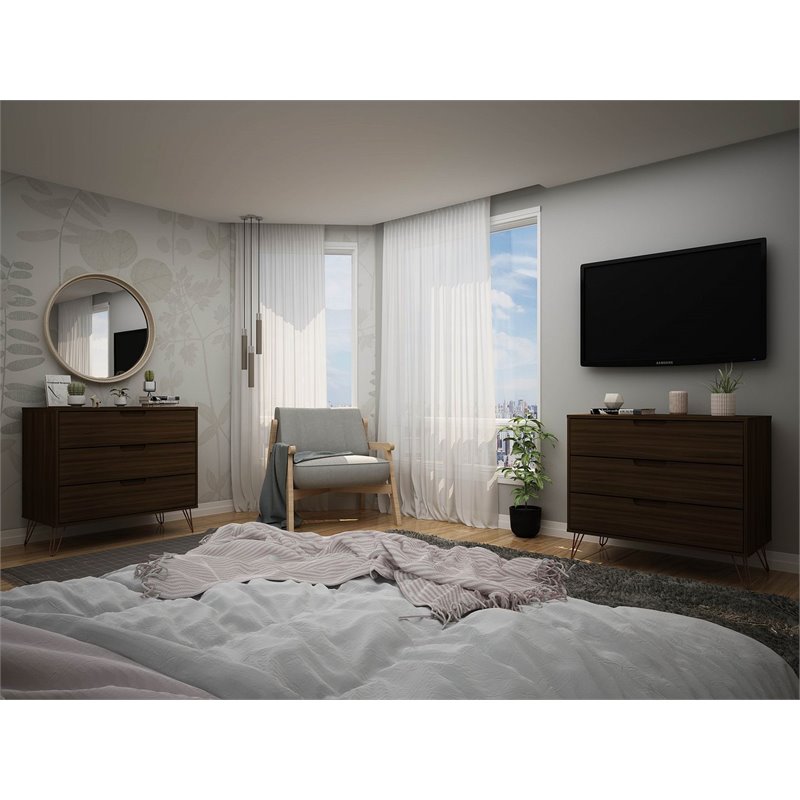 Manhattan Comfort Rockefeller 3-Drawer Wood Dresser in Brown (Set of 2)