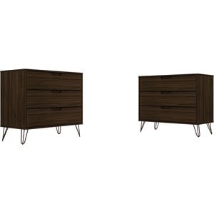 Manhattan Comfort Rockefeller 3-Drawer Wood Dresser in Brown (Set of 2)