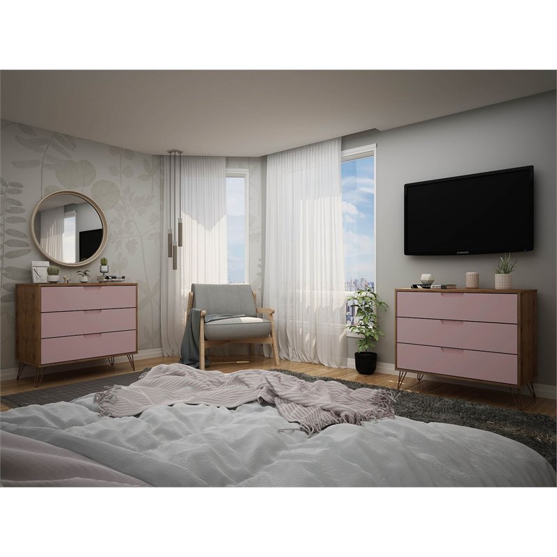Manhattan Comfort Rockefeller 3-Drawer Wood Dresser in Pink/Natural (Set of 2)