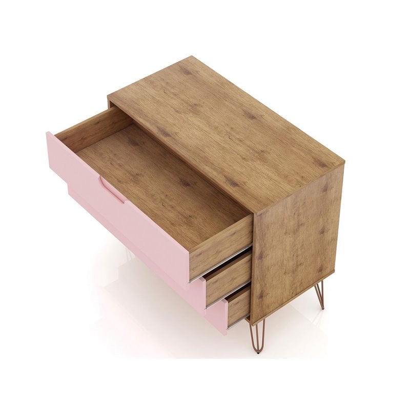 Manhattan Comfort Rockefeller 3-Drawer Wood Dresser in Pink/Natural (Set of 2)