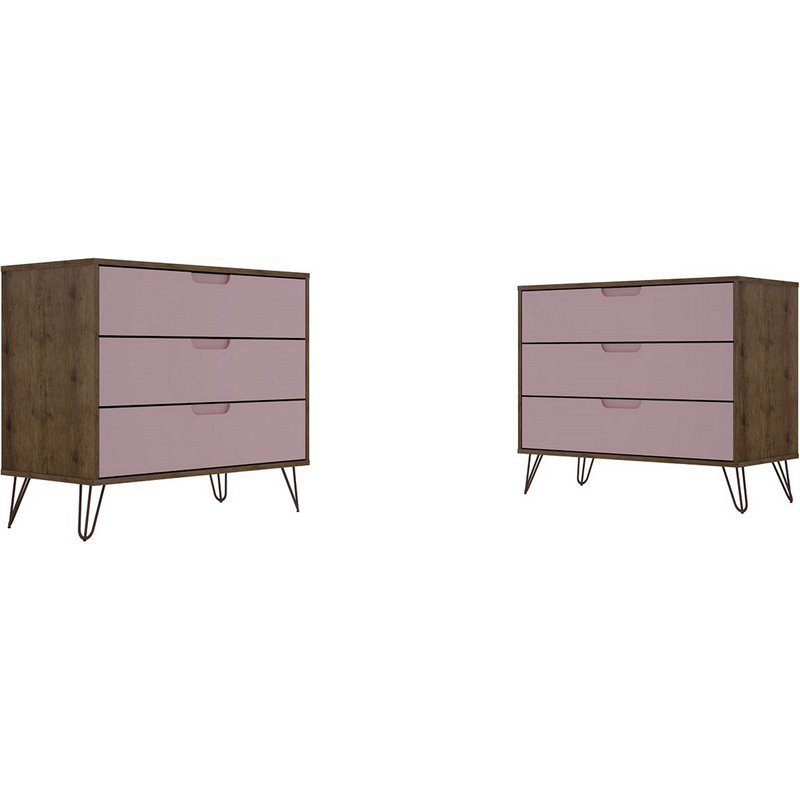 Manhattan Comfort Rockefeller 3-Drawer Wood Dresser in Pink/Natural (Set of 2)