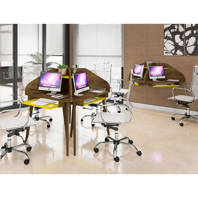 Bradley Wood 4 Pc. Round Sectional Cubicle Desk Set in Rustic Brown & Yellow