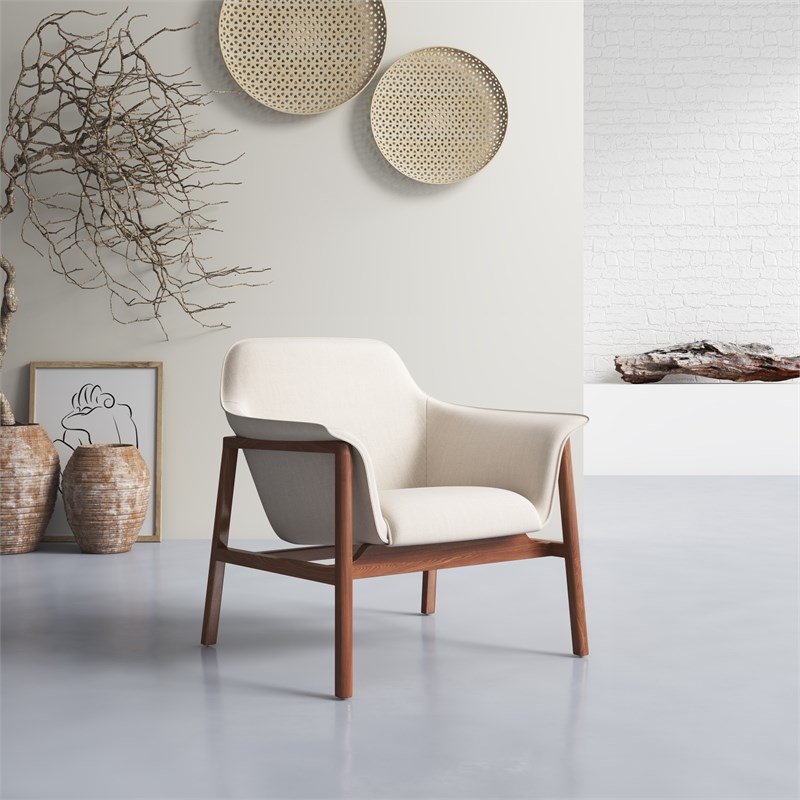 Manhattan Comfort Miller Fabric Upholstered Accent Chair in Cream/Walnut