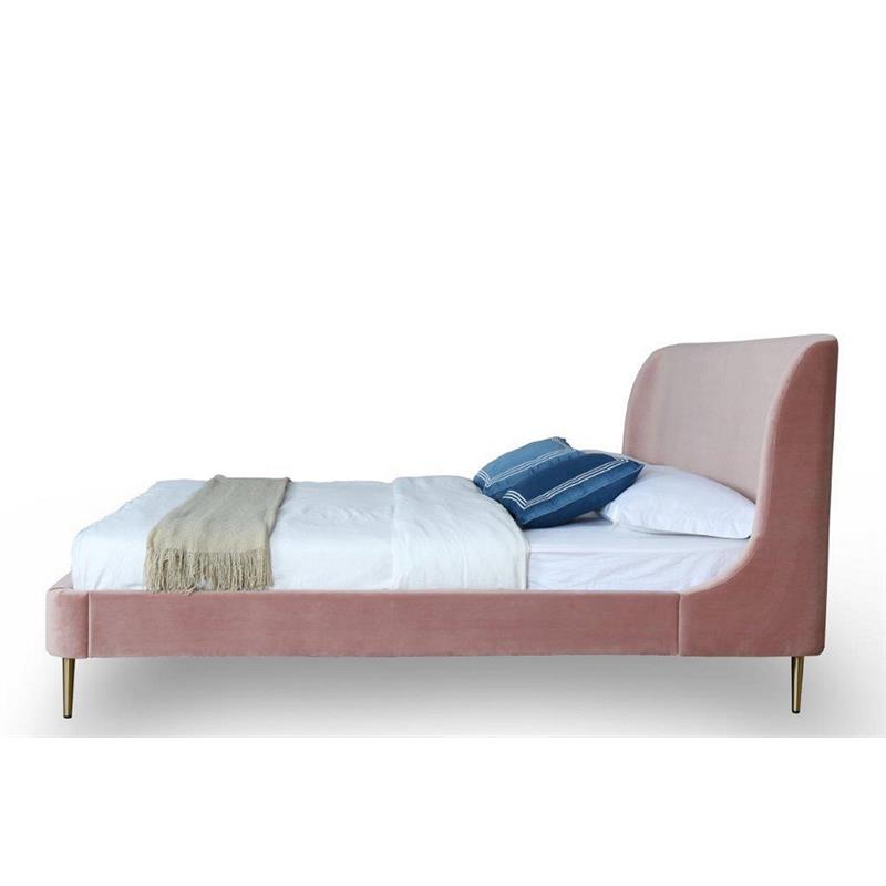 Manhattan Comfort Heather Velvet Queen Size Bed Frame in Blush Pink/Gold