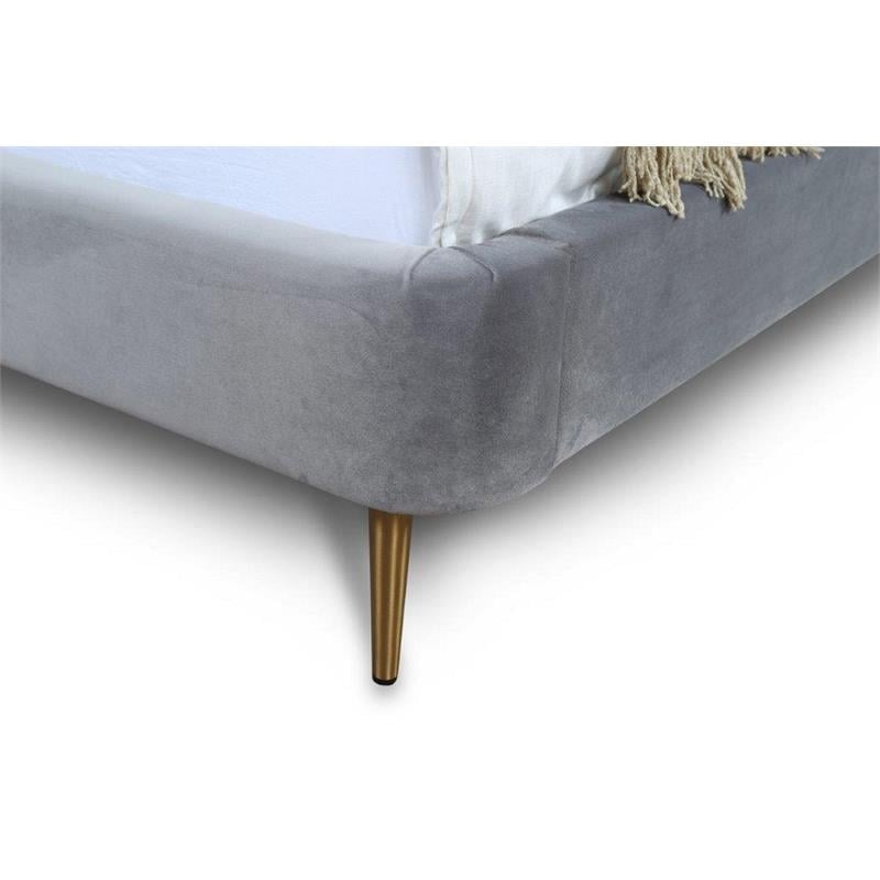 Manhattan Comfort Heather Velvet Queen Size Bed Frame in Gray/Gold