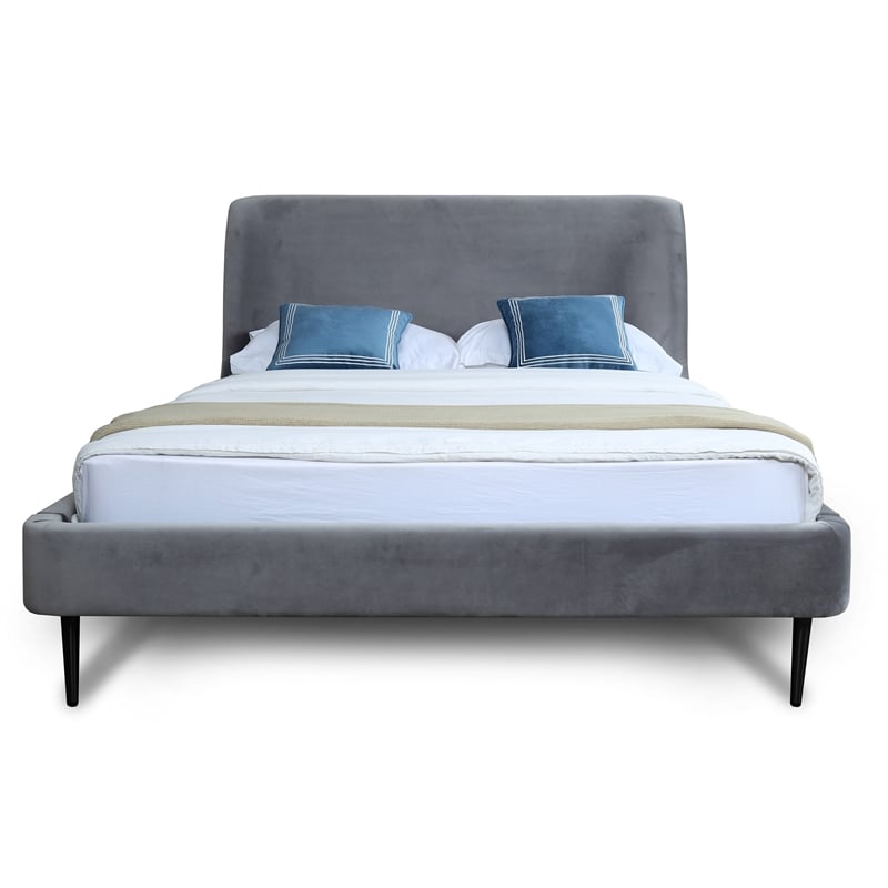 Manhattan Comfort Heather Velvet Queen Size Bed Frame in Gray/Gold