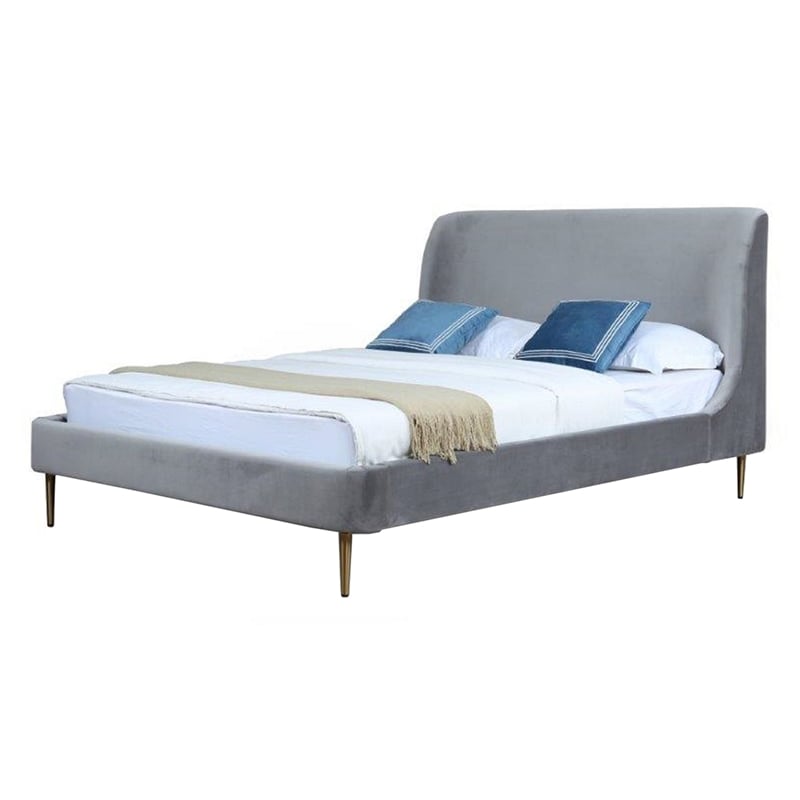Manhattan Comfort Heather Velvet Queen Size Bed Frame in Gray/Gold
